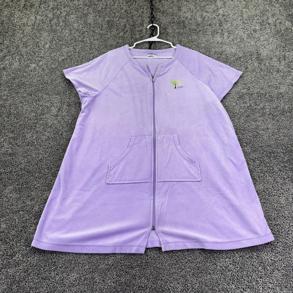 Croft & Barrow Top Womens 2X Purple Terry Zip Kaftan Palm Tree Embroidered